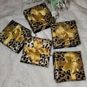 5 Cheetah Print Gift Box Ornaments, Gold Ribbon